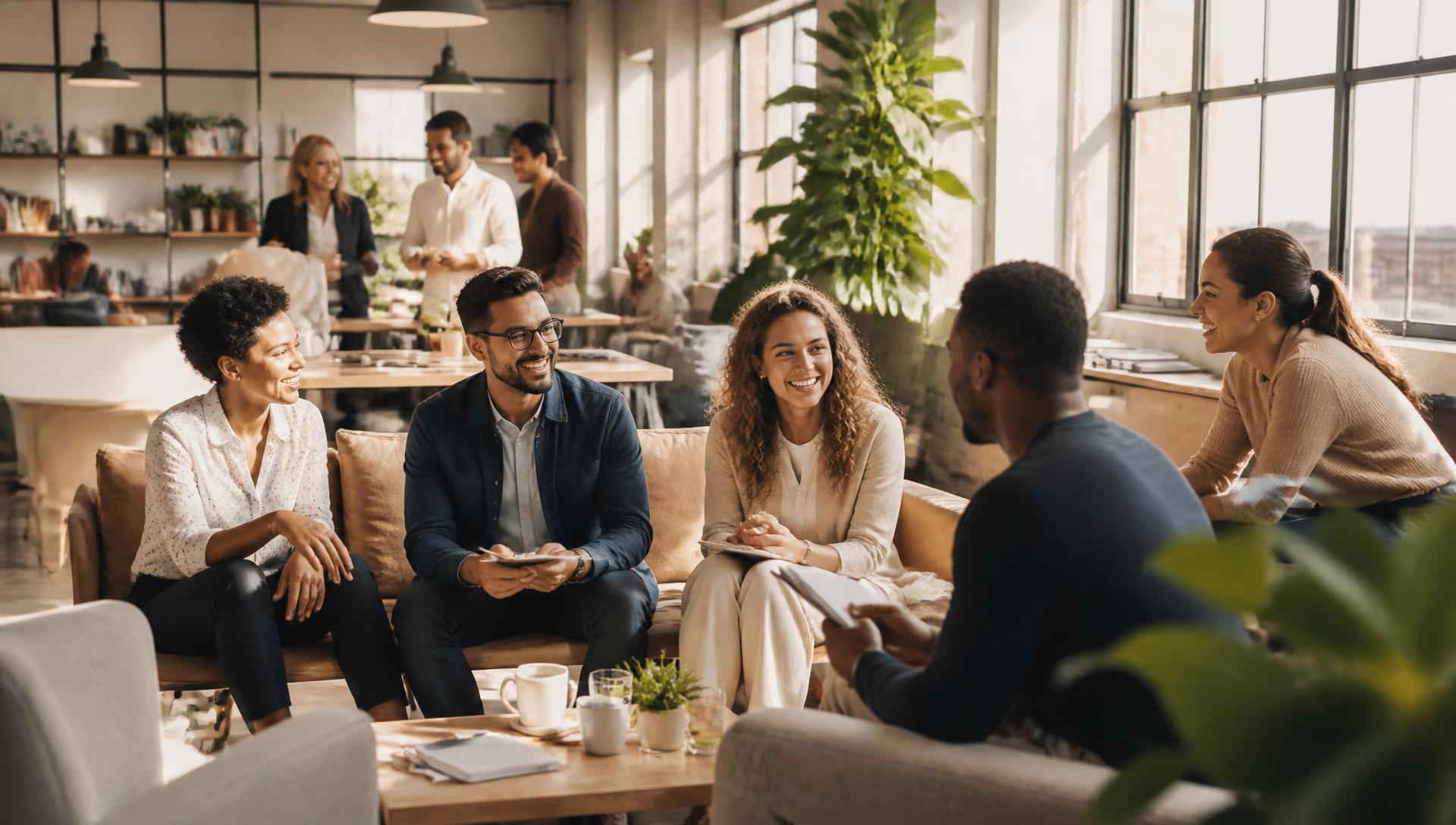 Leaders in conversation in a bright collaborative workspace
